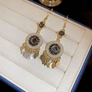 Bohemian tassel earrings with pearls and grey crystals in luxury vintage style