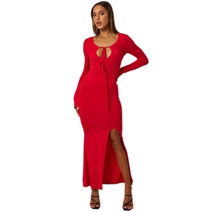 Red long sleeve maxi dress with lace-up U-neckline and high slit for a sexy slim fit