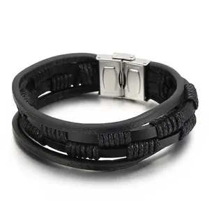 Men Multi-Layer Braided Leather Bracelet With Stainless Steel Magnetic Clasp Punk Vintage Wristband Hip Hop Jewelry