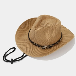 Panama straw hat with leopard print belt buckle and windproof cord for beach vacation