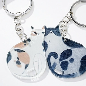 Detailed view of two cute cat acrylic keychains with silver metal rings for couples