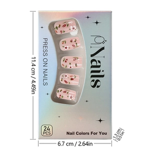 Detailed packaging view showing box dimensions and 24 pieces of floral press-on nails