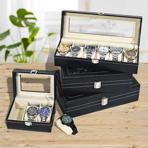 Black PU leather watch display cases with glass windows and beige velvet lining