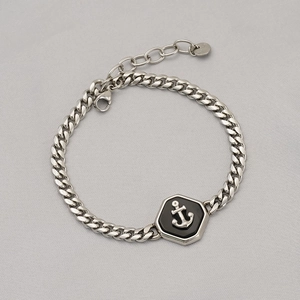 Mens silver stainless steel cuban link bracelet with black hexagonal anchor charm