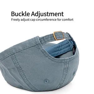 Blue washed cotton baseball cap with adjustable metal buckle strap for a custom fit