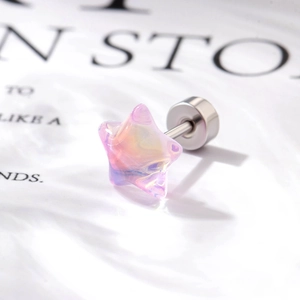 Star-shaped iridescent purple titanium steel screw back stud earrings for women and girls