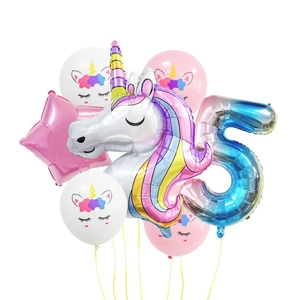 Detailed 5th birthday set featuring a unicorn foil balloon and gradient rainbow number 5