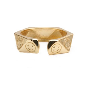 Minimalist gold-plated irregular polygon open ring featuring multiple smiling face motifs