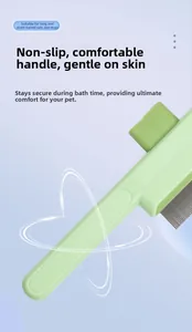 Detail of self-cleaning pet brush with fine metal needles and anti-slip ergonomic handle