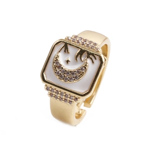 Adjustable gold star and moon ring with white enamel and cubic zirconia stones