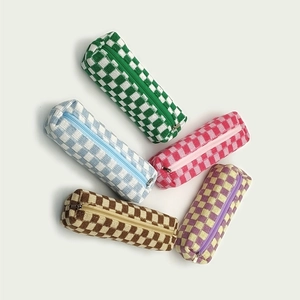 Knitted checkerboard stationery pouches in multiple colors with top zipper closure