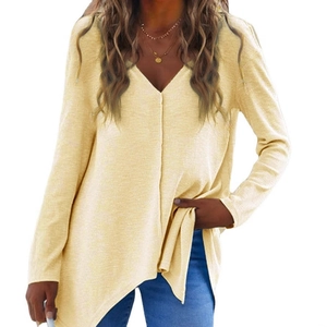 Women's light yellow long sleeve V-neck knit top in relaxed casual waffle texture style
