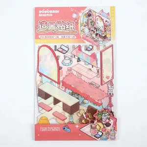 3D scenic stickers for desk DIY with PVC material and scene card in sweet pink theme