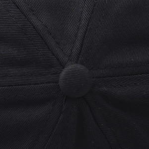 Detailed top view of a black 6-panel baseball cap showing squatchee and reinforced stitching