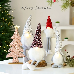 Glowing Christmas Gnome Ornament Sequin Hat Plush Tomte Gonk Wooden Base Desktop Xmas Tree Decoration Holiday Table Decor