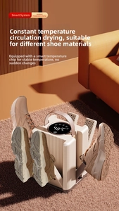 Detail of white shoe dryer with digital display showing 48 degrees in a cozy home setting