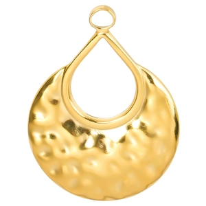 Macro shot of 18k gold plated stainless steel teardrop pendant with hammered texture detail