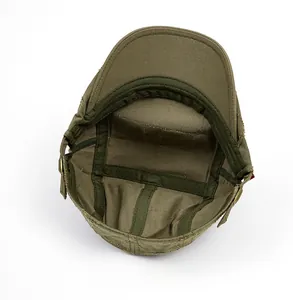 Internal view of olive green flat cap showing sweatband and adjustable metal buckle