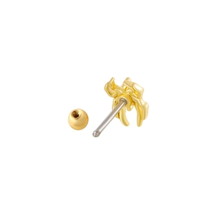 Detailed close-up of a golden scorpion-shaped ear stud with a silver metal needle and ball back