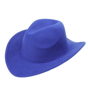 Detailed view of a bright blue wool felt western cowboy hat with wide brim and dented crown