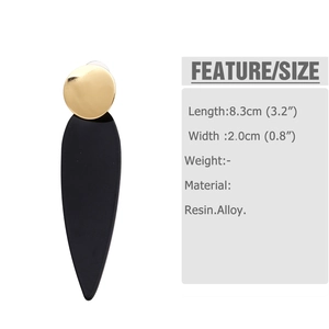 Detail view of black resin drop earring with gold stud and dimension specifications