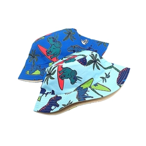 Detail of cotton kids bucket hat with cartoon dinosaur prints and surfboard motifs