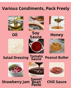 Detailed grid showing mini squeeze bottles filled with various sauces and condiments