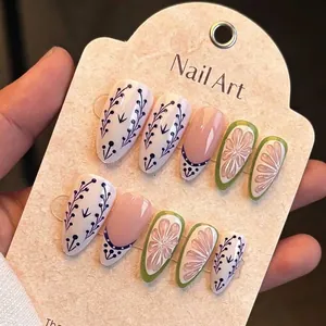 Press On Nails Floral 3D Relief Almond Shape Artificial Finger Nails Elegant French Style For Women Manicure Decor