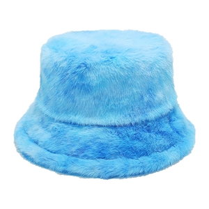 Detailed texture of a sky blue faux rabbit fur bucket hat with soft plush finish