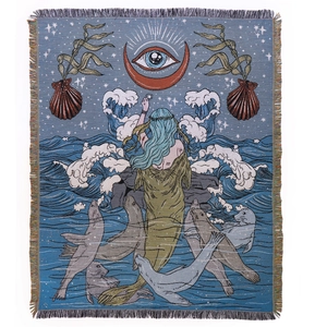 Bohemian woven picnic blanket featuring mystical astrology patterns and sea goddess design