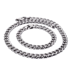 Polished silver stainless steel Cuban link necklace and bracelet set for men