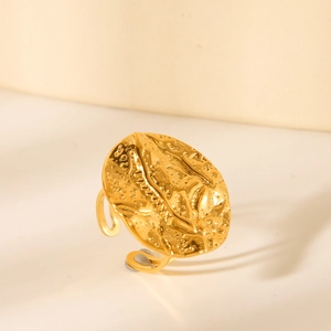 18K gold plated stainless steel open ring with a hammered disc texture in a minimalist style