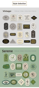 Detail view of vintage gold-stamped decorative stickers with botanical and label themes