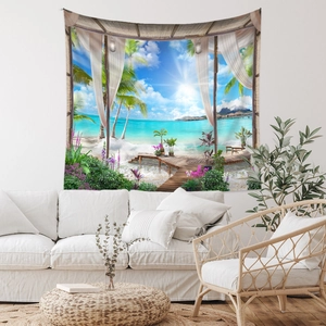 Tapisserie murale avec paysage de plage tropicale et palmiers dans un salon lumineux