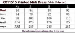 Detailed size guide table for women's floral midi dress showing XS to L measurements