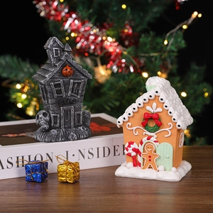 Miniature Christmas gingerbread house and Halloween pumpkin cottage resin ornaments