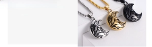 Detail of gothic moon skull pendants in silver, gold and black with vacuum plating