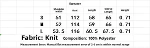 Size chart for women's knit sweater showing S, M, L measurements in 100% polyester fabric