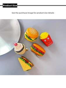Detailed view of 5-piece set novelty food hair clips including burger and fries