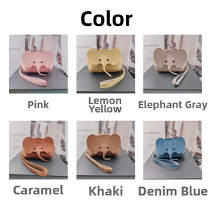 Detailed grid of leather elephant coin purses in pink yellow grey caramel khaki and blue