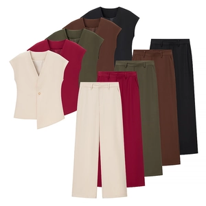 Detailed color selection of women's sleeveless waist vest and straight-leg trousers suit