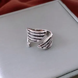 Vintage Wide Striped Open Ring For Women Copper Cubic Zirconia Luxury Pave Wing Adjustable Finger Jewelry