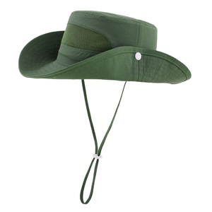 Side view of army green sun hat with breathable mesh and adjustable windproof cord