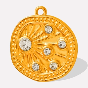 Round Sunburst Pendant 304 Stainless Steel French Vintage Irregular Embossed Rhinestone Charm For Necklace Making