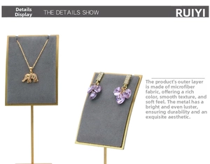 Detail of microfiber jewelry stand with golden metal frame for necklaces and earrings