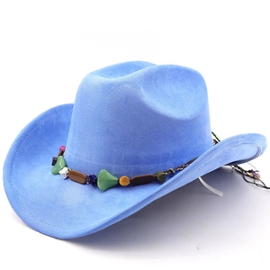 Close-up of vibrant blue suede cowboy hat featuring a colorful turquoise beaded ethnic band