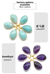 Detail of teardrop amazonite and amethyst pendants with elegant golden metal edging