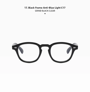 Detail view of grind black frame eyewear with anti-blue light clear lenses model C17