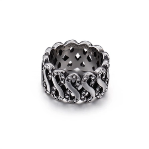 Hip hop stainless steel infinity ring with vintage silver finish and sparkling crystals