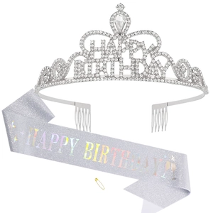 Close-up of silver glitter birthday sash and sparkling rhinestone tiara set